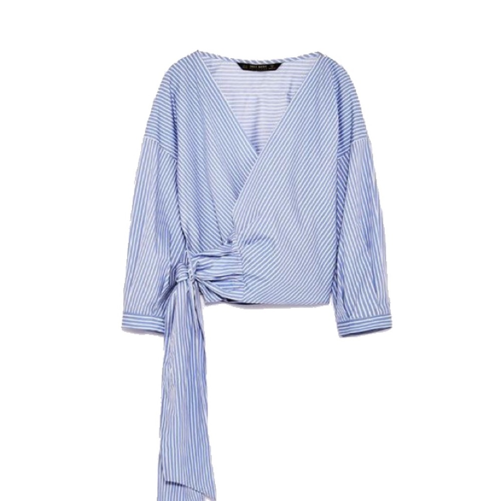 Wrap blue and white stripe blouse